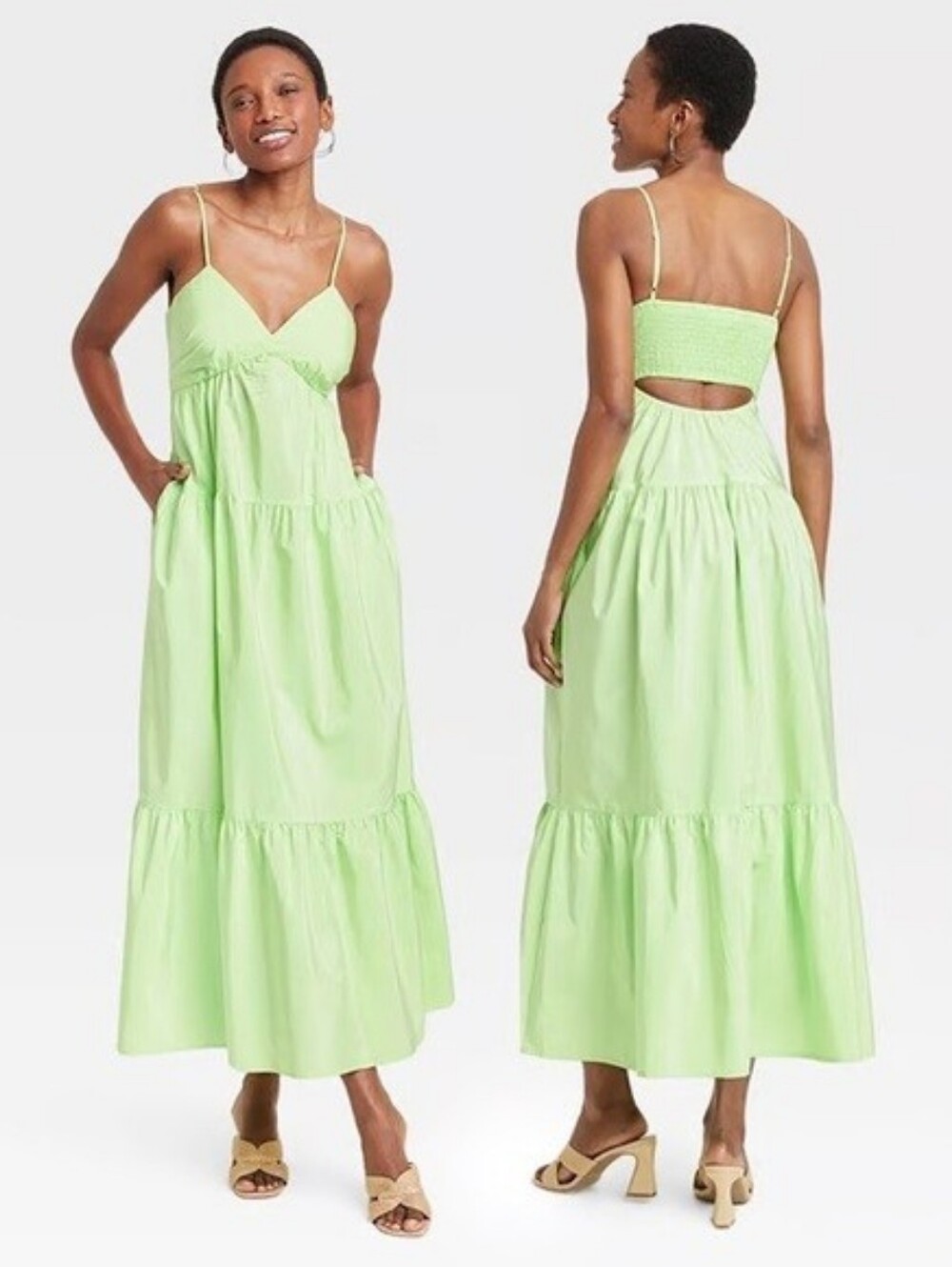 A New Day Neon Lime Tiered Maxi Dress with Open Back And Pockets Xl Nwot